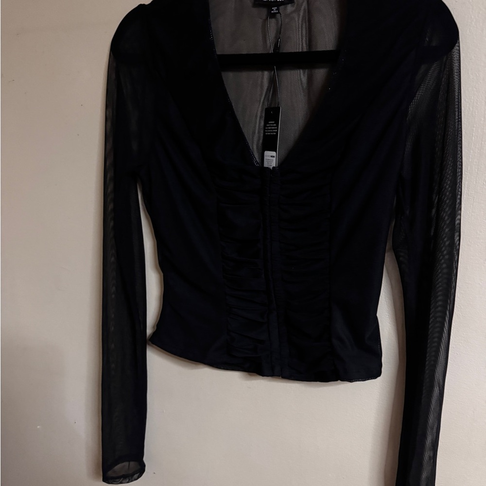 Fashion Nova Black Sheer Sleeve Ruched Front Tunic Top